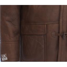 Men's Brown Shearling Sheepskin Duffle Coat - Detach Hood - Birkin - Detail