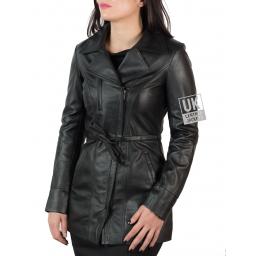 Womens Asymmetric Zip Black Leather Coat – Hip Length – Eternity - Front