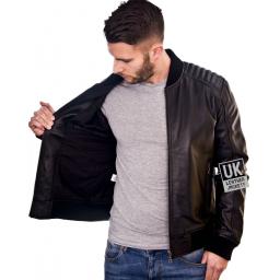 Men's Black Leather Bomber Jacket - Ventega - Lining