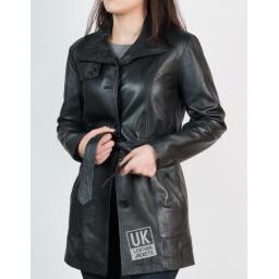 Womens 3/4 Length Black Leather Coat Jacket - Front