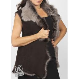 Long Toscana Sheepskin Gilet - Brown Snow Tipped - Front 2