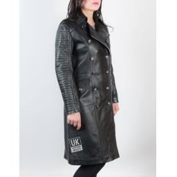 Womens 7/8th Length Double Breasted Black Leather Coat – Maxim - Revered Collar