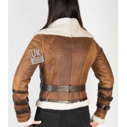 Womens Belted Shearling Sheepskin Jacket – Alana - Vintage Tan - Back