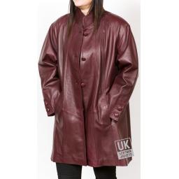 Women's Burgundy Leather Swing Coat - Jewel - Closed
