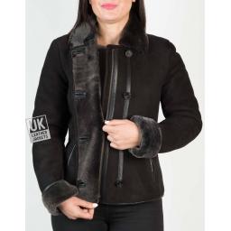 Womens Black Shearling Sheepskin Jacket - Aspen - Zip Front