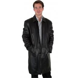 Men's Knee Length Black Leather Coat - Saint - Front 2