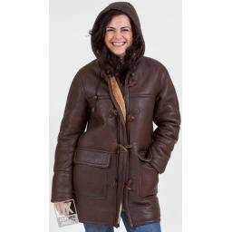 Women's Brown Sheepskin Duffle Coat - Dena - Plus Size - Front