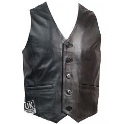 Mens Classic Black Leather Waistcoat - Longer Length - Front