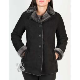 Womens Black Shearling Sheepskin Jacket - Hip Length - Dana - Revered Collar
