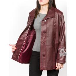 Ladies  3/4 Length Burgundy Leather Coat Jacket - Faith - Lining