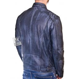 Men's Blue Leather Biker Jacket - Phoenix - Back