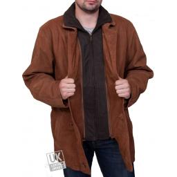 Mens Tan Nubuck Leather Coat Jacket - Magna - Zip Out 2nd Collar