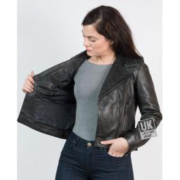 Womens Cross Zip Black Leather Jacket -Destiny - Lining