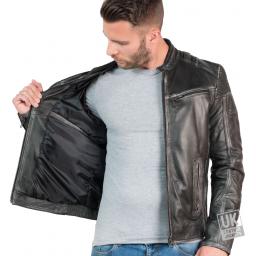 Mens Black Leather Biker Jacket - Accent - Lining