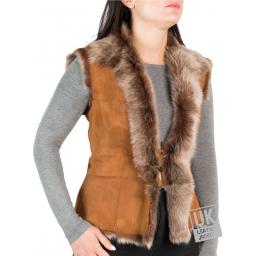 Womens Tan Toscana Gilet – Single Tie Front - Front Side