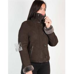 Womens Brown Shearling Sheepskin Jacket - Aspen - High Button Collar