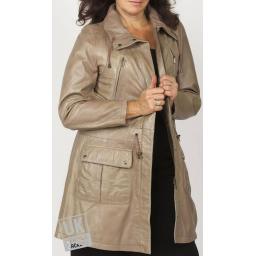 Women's Taupe Leather Parka Coat - Hazel - Cover