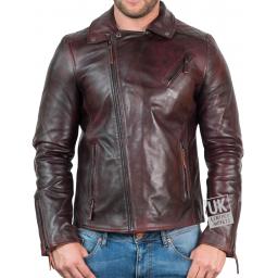 Mens Cross Zip Leather Biker Jacket - Vintage Malbec - Zipped