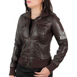 Women's Brown Leather Bomber Jacket - Harper - Half Zipped