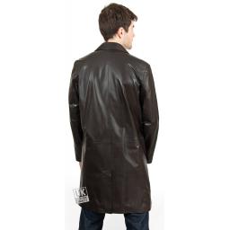 Men's 3/4 Length Brown Leather Coat - Plus Size - Henley - Back