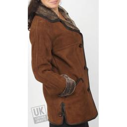 Women's Plus Size Sheepskin Car Coat - Dark Tan - Superior Quality - Front 2