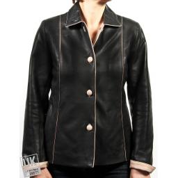 Women's Black contrast Ivory  Leather Jacket - Plus Size - Cameo - Front
