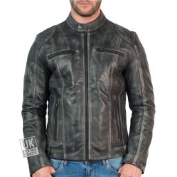 Mens Vintage Grey Leather Biker Jacket - Phoenix - Front Zipped