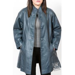 Women's Blue Leather Swing Coat - Plus Size - Delia - Front