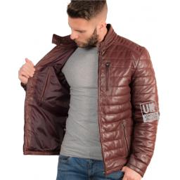Mens Burgundy Leather Jacket - Ultra Light Quilted - Lining