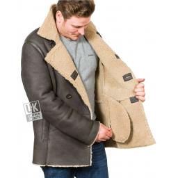 Men’s Black Double Breasted Shearling Sheepskin Jacket - Pea Coat - Lining