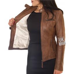 Women's Tan Leather Biker Jacket - Leone - Plus Size - Front - Lining