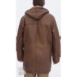 Men's Brown Shearling Sheepskin Duffle Coat - Detach Hood - Birkin - Rear