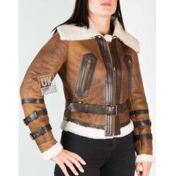 Womens Belted Shearling Sheepskin Jacket – Alana - Vintage Tan - Front