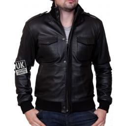 Mens Black Leather Bomber Jacket - Pinacle - Front Zipped