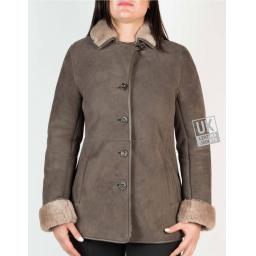 Womens Grey Shearling Sheepskin Jacket - Hip Length - Dana - Button Front to Neckline