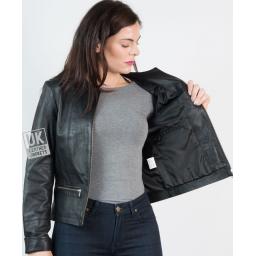 Womens Collarless Black Leather Jacket - Kilder - Lining
