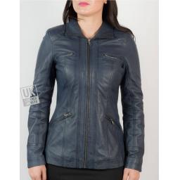 Womens Blue Leather Jacket - Muse - Hip Length - Front 2