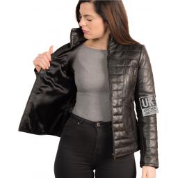 Women's Black Leather Puffa Jacket - Lining