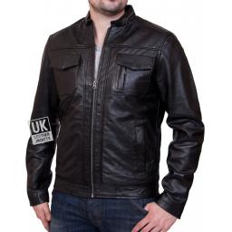 Men's Black Leather Biker Jacket - Beck - Front