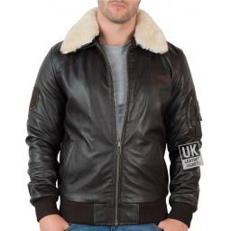 Mens Brown Leather Flying Jacket - Pilot - Detach Wool Fleece Collar - Front