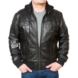 Men's Black Hooded Leather Bomber Jacket - Troy - Main
