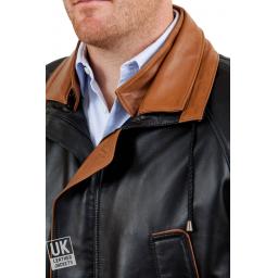 Men's Black Contrast Leather Parka Coat - Huxley - Collar