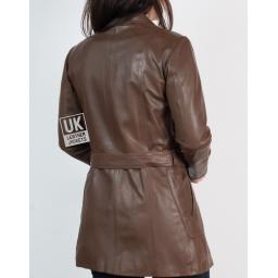 Womens 3/4 Length Brown Leather Coat Jacket - Back