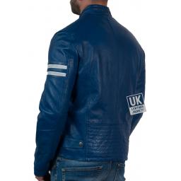 Mens Blue Leather Biker Jacket Octane Blue - Back