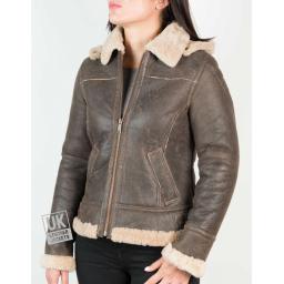 Womens Sheepskin Flying Jacket – Detach Hood – Lana - Antique - Front