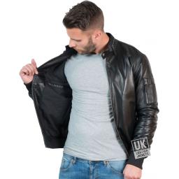Men's Black Leather Bomber Jacket - Voltan - Lining