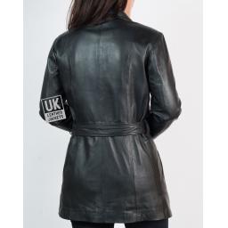 Womens 3/4 Length Black Leather Coat Jacket - Back