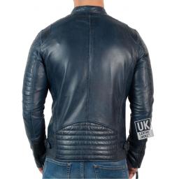 Mens Blue Leather Biker Jacket - Cruz - Back