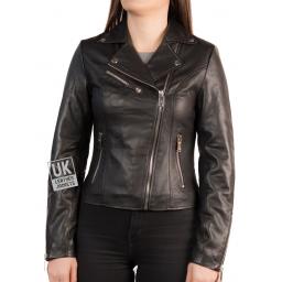 Womens Black Leather Biker Jacket – Eden - Front