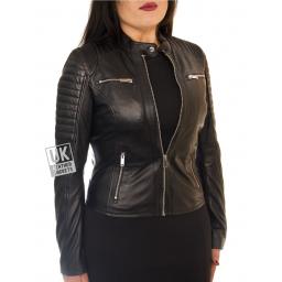 Women's Black Leather Biker Jacket - Stellar - Front